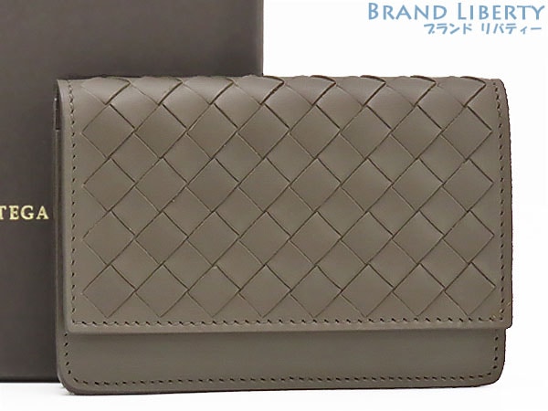 未使用ボッテガヴェネタイントレチャートVNカードケース名刺入れパスケースグレーベージュカーフレザー174646
