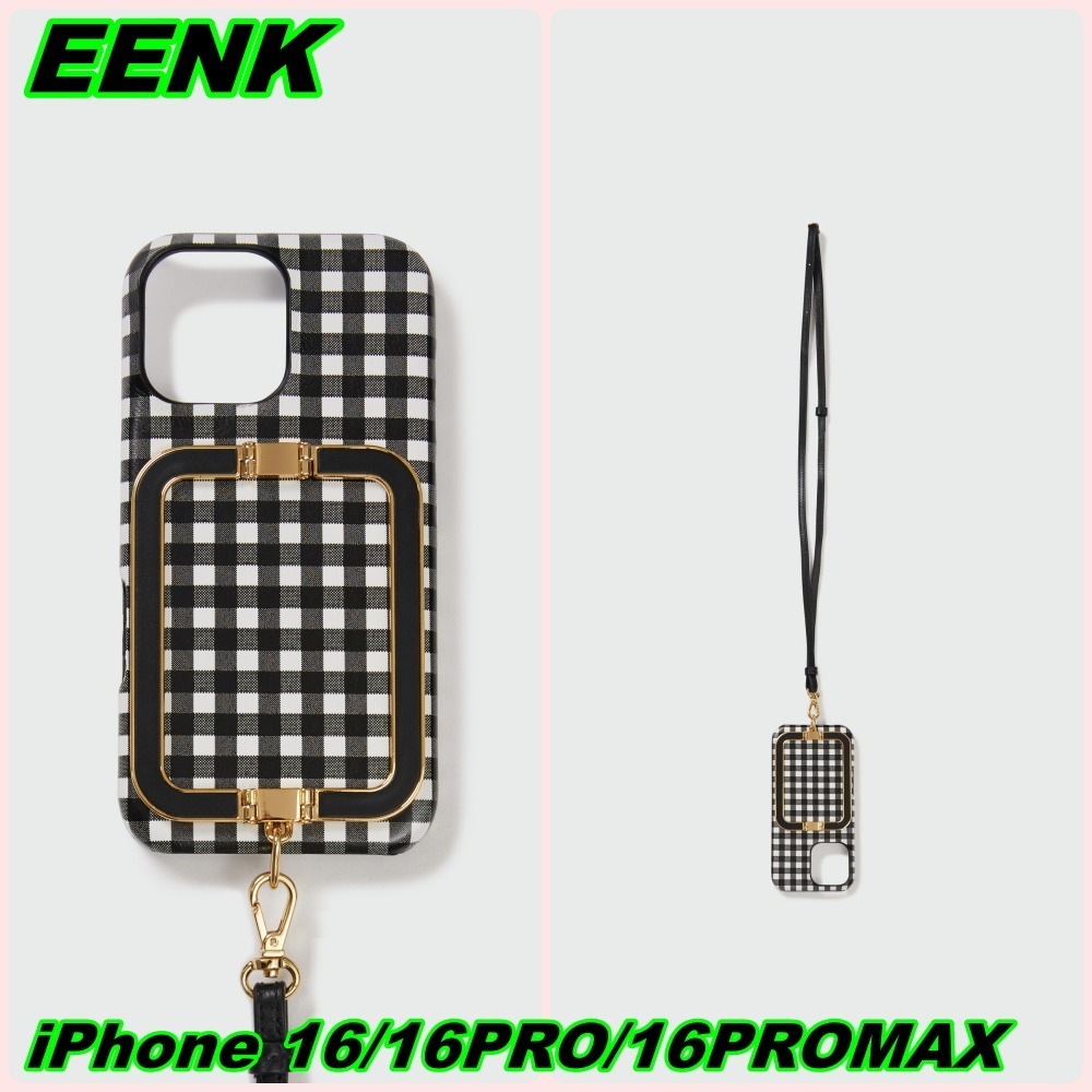 【EENK】Phone Case with Leather Strap Black Check EENK】Phone Case with Leather Strap Black Check