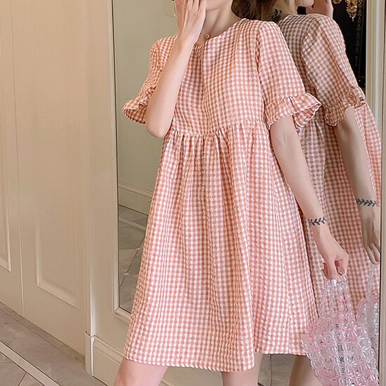 レトロ風 ワンピース 半袖 春夏 かわいい 大きいサイズ aライン Tシャツワンピ aライン Aライン フレア ワンピドレス 膝丈 ひざ丈 膝上 膝下 ミモレ ミモレ丈 フリル袖 ボリューム袖 Uネッ