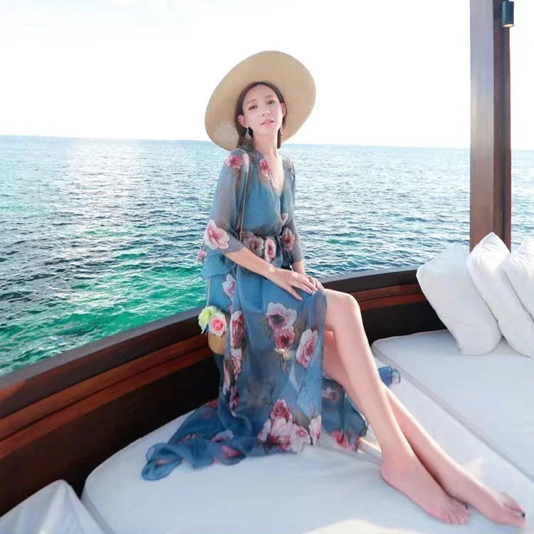 マキシワンピース リゾート レディース ハワイワンピース ロング 五分袖 リゾートワンピシフォン