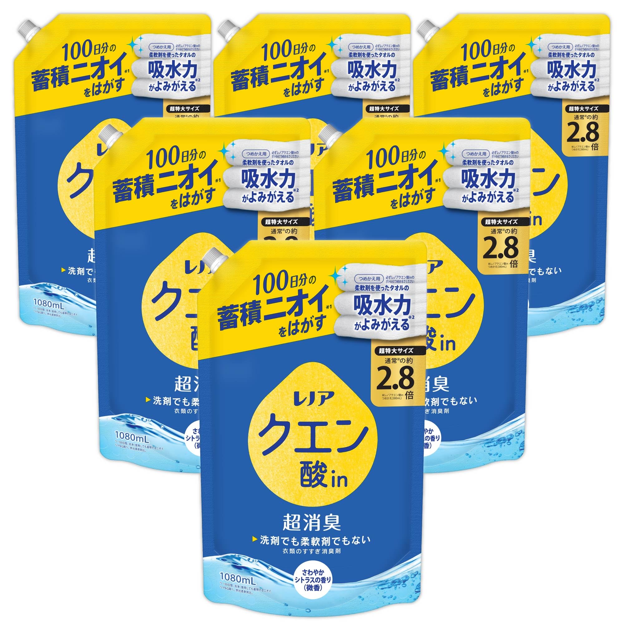 [ケース販売] レノア クエン酸in 超消臭 すすぎ消臭剤 さわやかシトラス(微香) 詰め替え 1080mLx6袋 8,471円