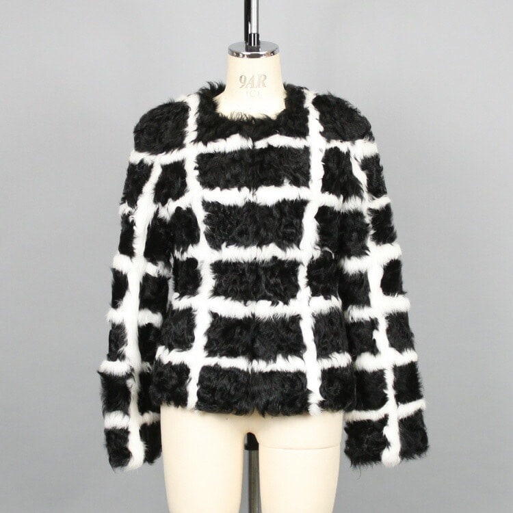 カルガンラム ファー ジャケット 格子 ノーカラー 送料無料 レディース ギフト プレゼント