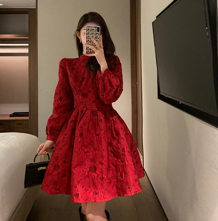 ワンピース レディース ドレスワンピース S M L XL 韓国 ショート ショート丈 ミニワンピース 膝上 長袖 ラウンドネック Aライン ハイウエスト かわいい 大人可愛い きれいめ フェミニン