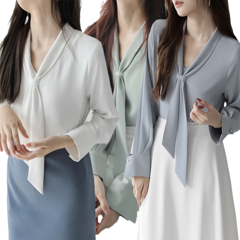 リボンブラウス 長袖 オフィス カジュアル レディース 無地 白 緑 ブルー vネックトップス シンプル 気質アップ 通勤 ビジネスシャツ 上品