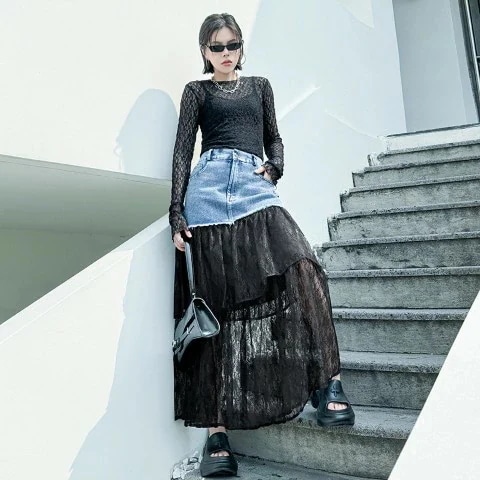 【急速出荷!】【追加】デニムスカート ロングスカート レース シンプル カジュアル ユニーク 個性派 お出かけ レディース【大きいサイズ レディース ロング 春夏 フレア スウェット パンツ レギンス