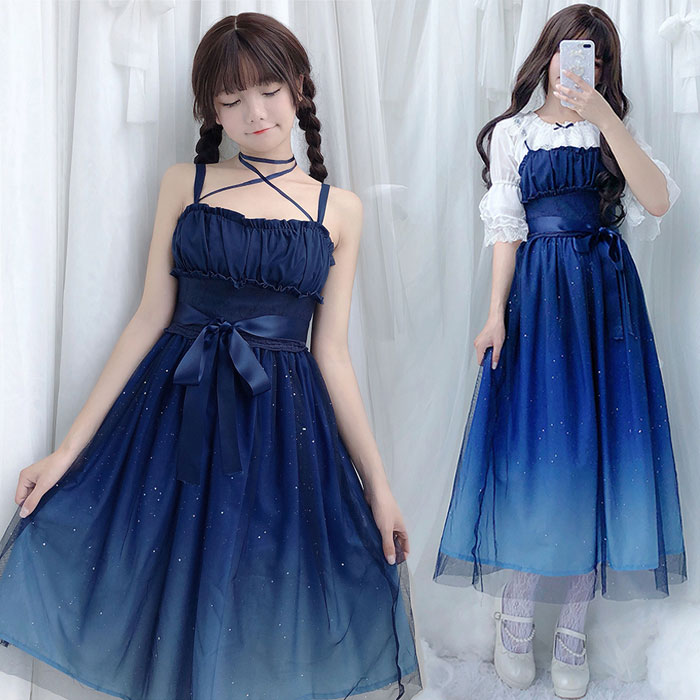 グラデーションキャミワンピース お姫様 ゴスロリ ロリータ ワンピース 星屑 ロング丈 ショット丈 レディース ロングワンピース ロリータファッション お嬢様 ゴシック&ロリータ レイヤード