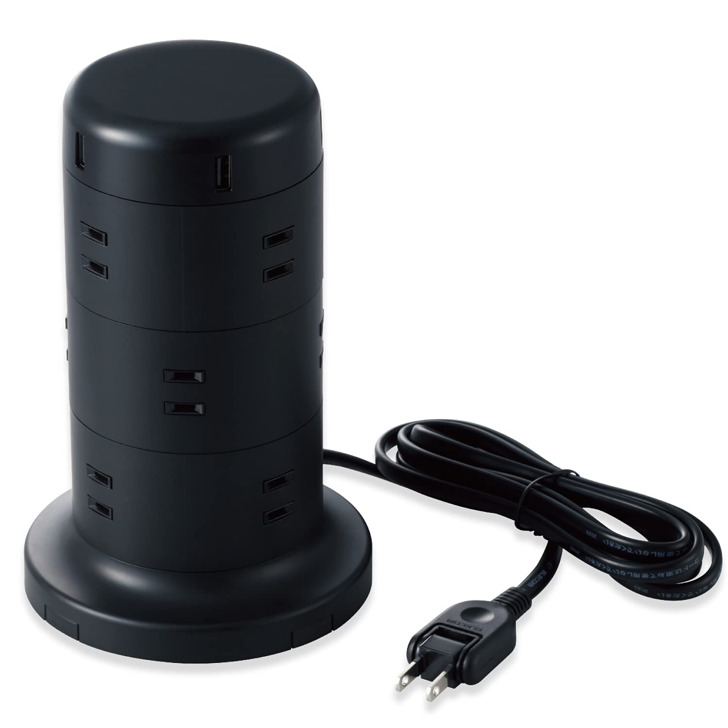 【全国送料無料】 エレコム 電源タップ タワー型 12個口 雷サージ付 ホコリ防止シャッター付 固定可能 5ポート合計出力4.8A 2.0m ブラック TT-U02-1220BK