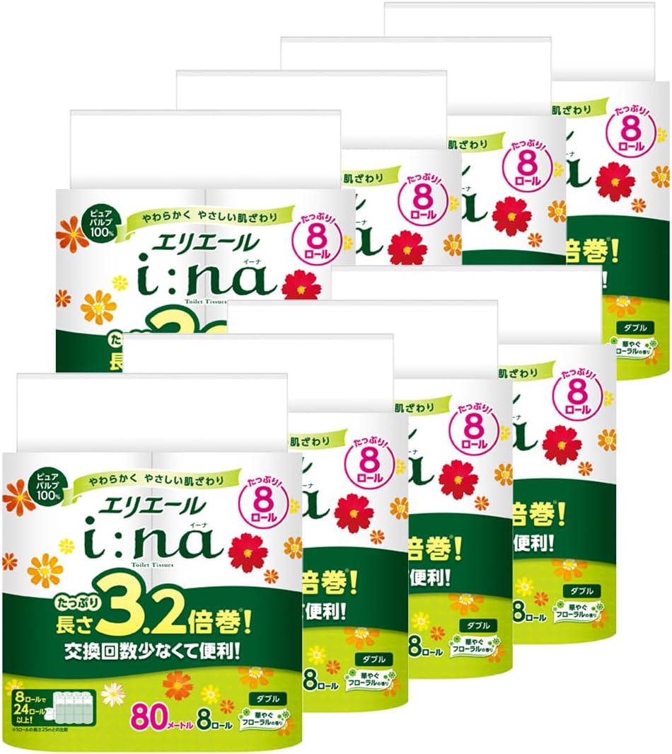 エリエール トイレットペーパー i:na(イーナ) 3.2倍巻き 80m×64ロール (8ロール×8パック) ダブル パルプ100% 華やかなフローラルの香り【ケース販売】