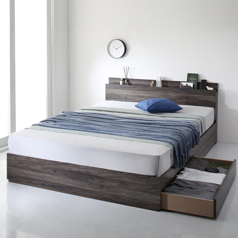 棚 コンセント付き 収納ベッド (プレミアム ポケットコイルマットレス付き)　ダブル