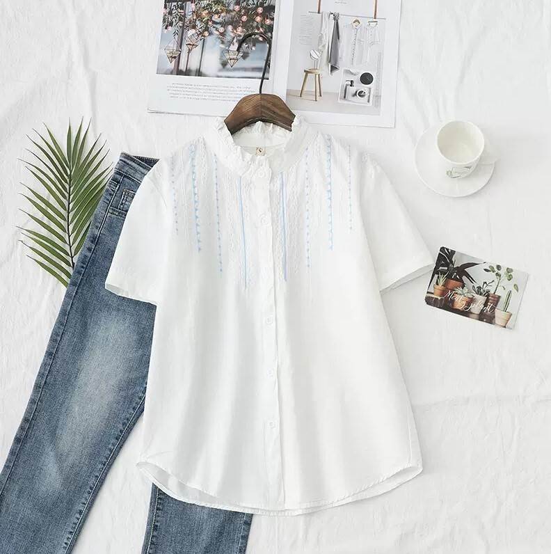 トップス シャツ 角襟 フリル襟 半袖 刺繍 薄手 かわいい きれいめ シンプル カジュアル 大人 上品 おしゃれ 抜け感 無地 春 夏 秋 10代 20代 30代 前開き ボタン ストレ