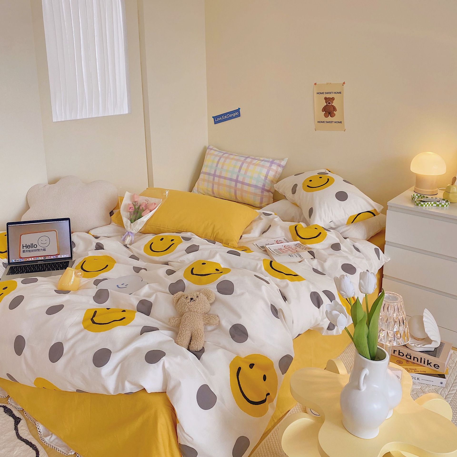 コットンウォッシュドコットン韓国インススマイリーフェイスピュアコットンミックスベッド4ピースセット