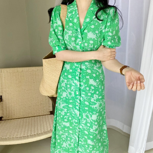 送料0円!韓国ファッション ボタン カラーネック パフ ロング ワンピース(ops1349)