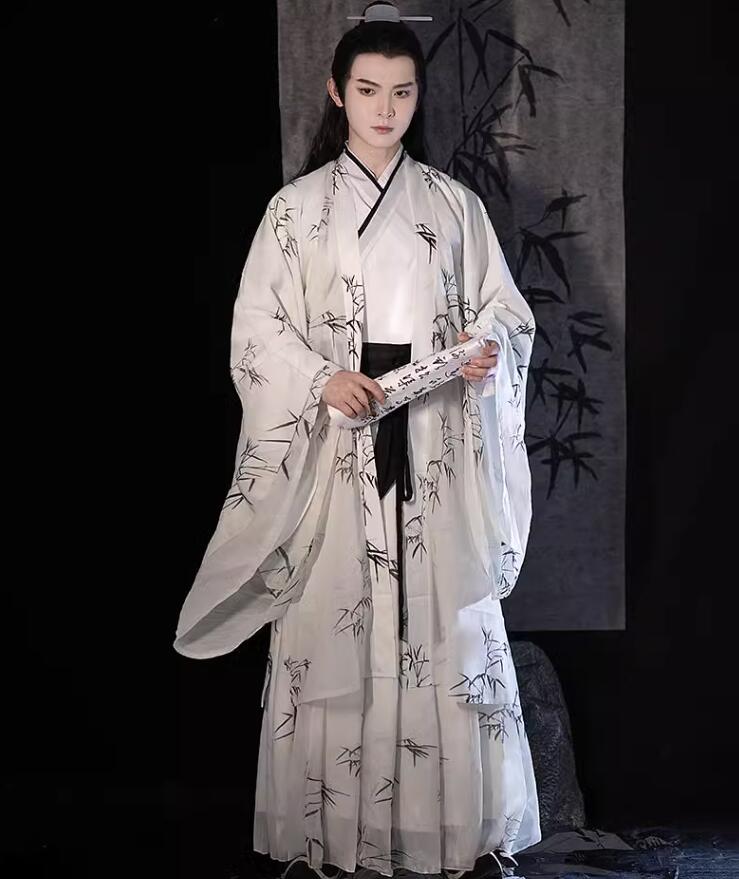 中華 ハロウィン衣装4点セット 水墨 竹プリント メンズ レディース ユニセックス 漢服 唐装 チャイナ服 中国古代服装 時代劇コスチューム 大人 羽織付き 宋朝 男女兼用 中華服 中華衣裳 振袖 飄
