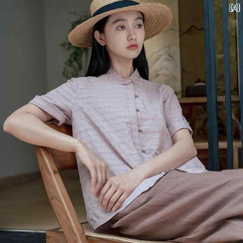 レディース　　シャツ　トップス Yanzuo フレンチ リネン ウイグル長 繊維 綿 麻 ストライプ 新型 チャイナ風 シャツ 風 六両 袖 10,324円