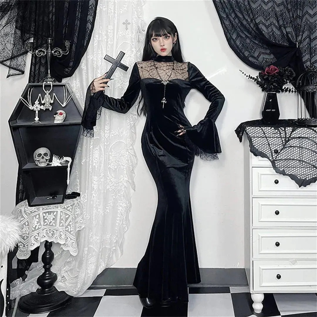 新作人気ハロウィン 今年 短纳期 蜘蛛の巣 暗黒系 黒 ブラック レース ロング XS S M L ワンピース