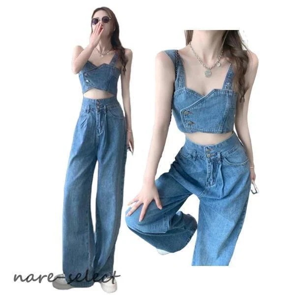 可愛い デニムパンツ ステージ衣装母の日 ダンス衣装 ヒップホップ 2点セット へそ出し ガールズ デニム セットアップ韓国 レディース デニムタンク
