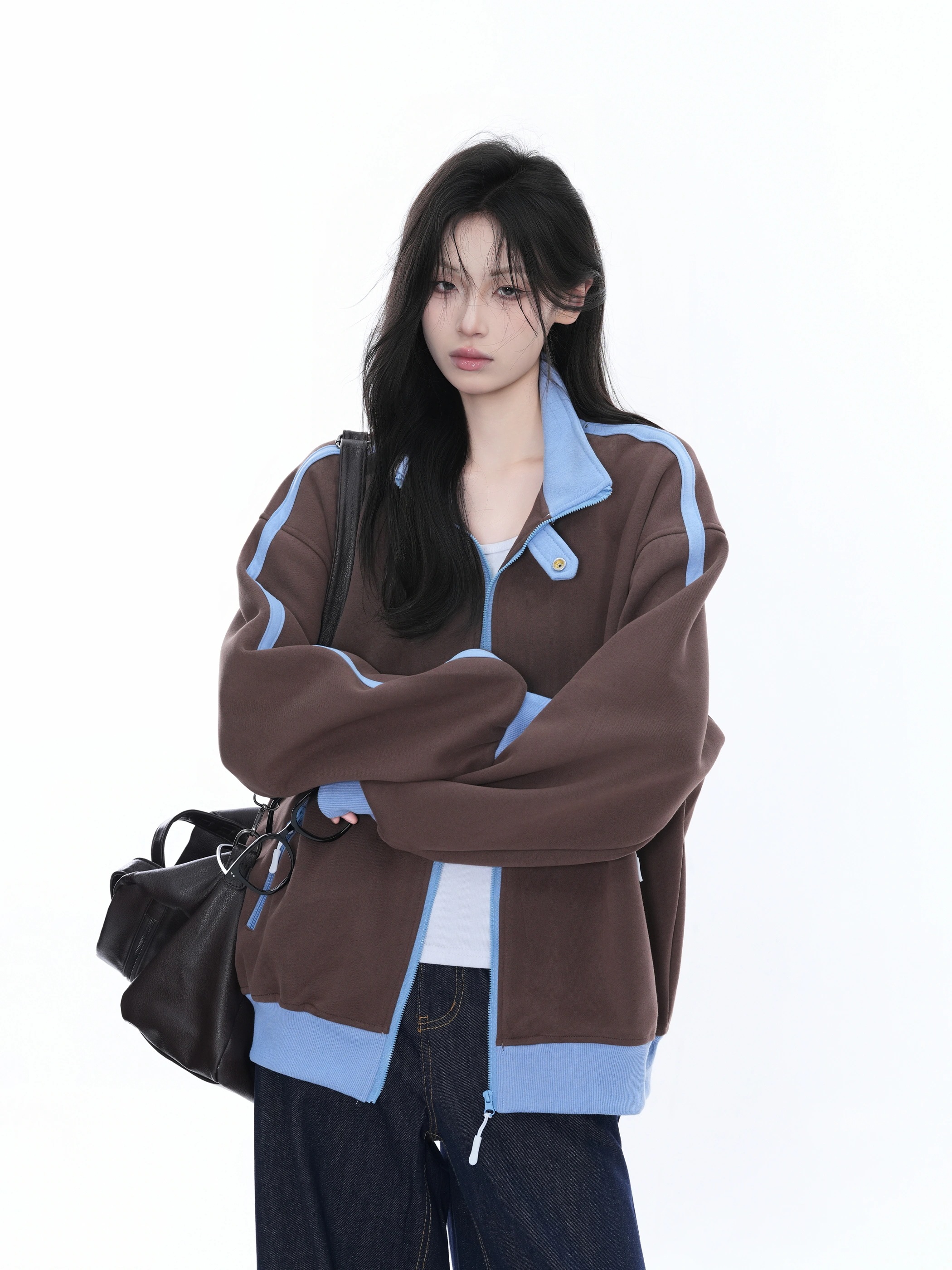 襟付き ブルゾンお出かけ黑長袖セクシーシルエットトップスサイドカジュアルファッション系ベースボールサイズフルトラック レディース ハイネックスタンドネックアウター 韓国風 かわいい 2025秋冬