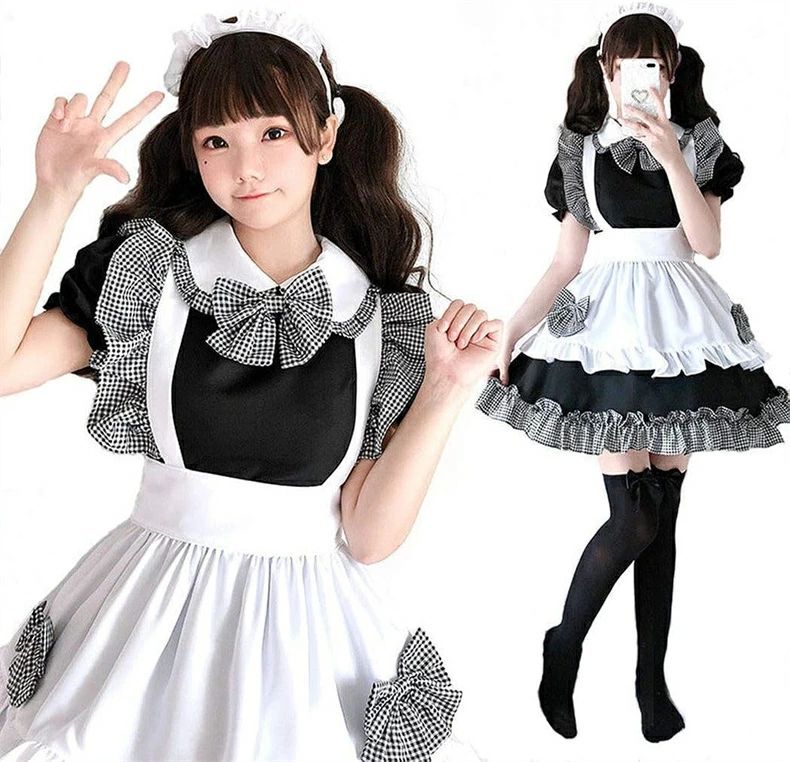 ハロウイン メイド コスプレ 仮装 可愛い チェック柄 メイド服 セット 大きい sサイズ メイド コスプレ 半袖 フリル 黒 白 衣装 エプロン カチューシャ 変装 制服 喫茶店
