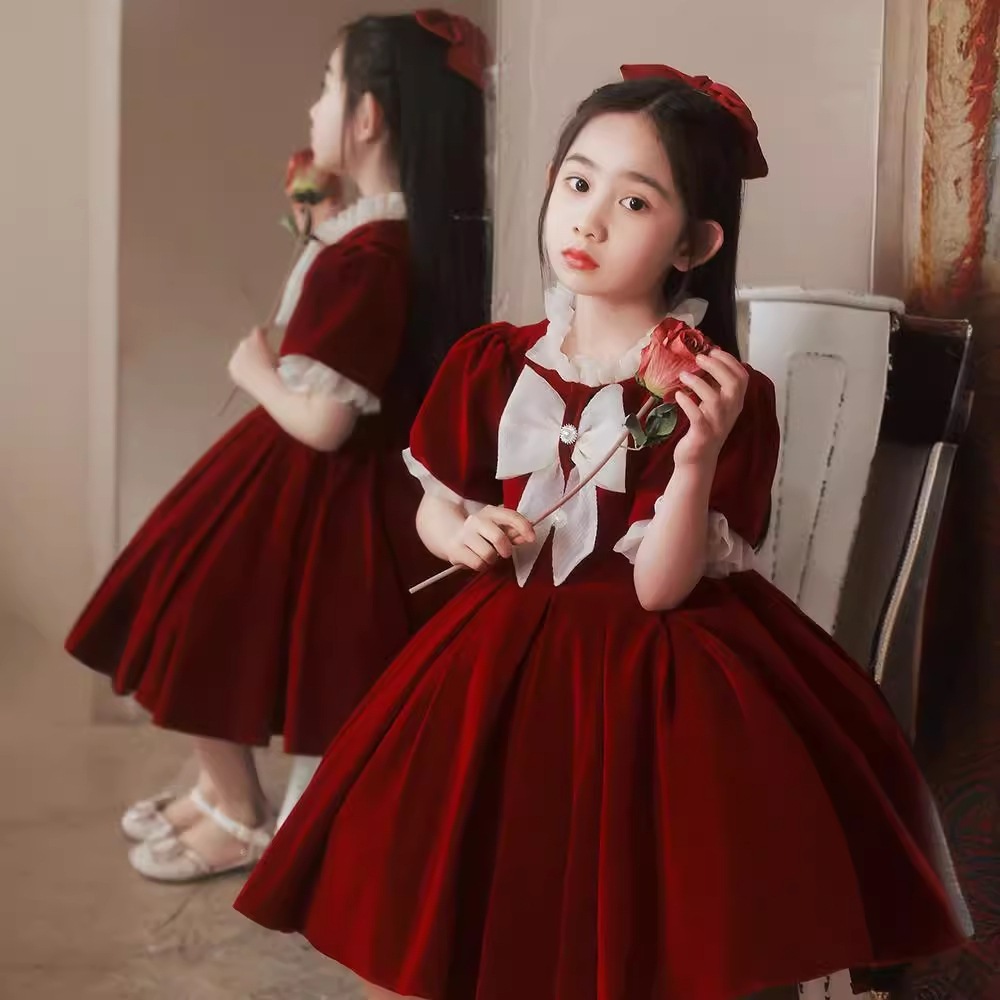 【1つ買うと10つ無料】レッドドレスレッドドレスプリンセスドレスフラワーガールウェディングリトルガールバースデーチルドレンパフォーマンス服