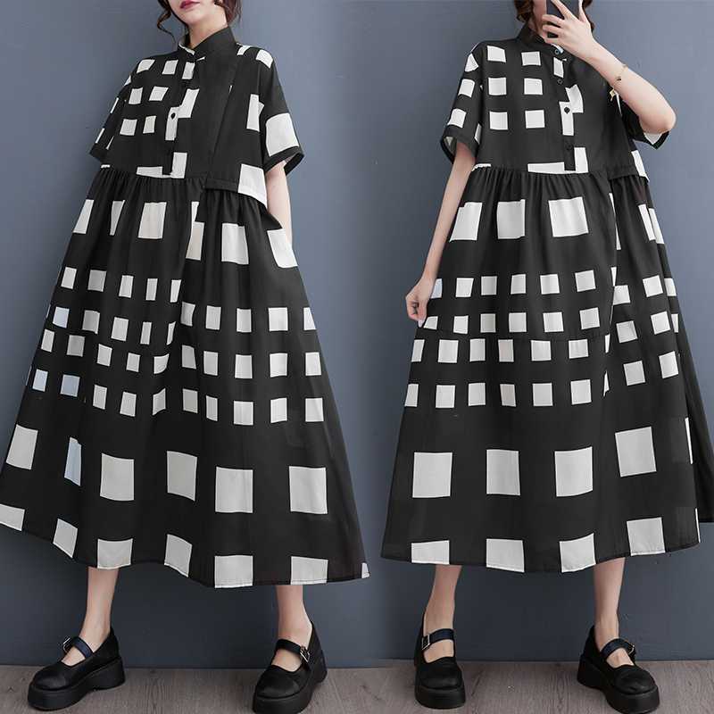 「ファットガール」 2024夏 シャツワンピース 半袖 ドッキング 柄 体型カバー 大きいサイズ ゆったり レディース