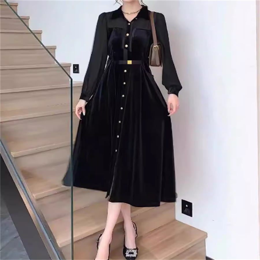 ドレス ロングドレス ワンピース パーティドレス ロング ミモレ 袖あり 長袖 Vネック Aライン フレア ドッキング 異素材切り替え 透け感 シースルー ボタン ベロア エレガント