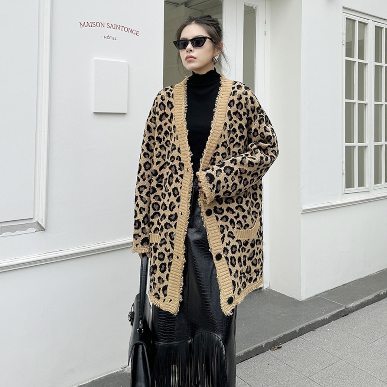 Vネックレオパードニットカーディガン 豹柄カーディガン ゆったりサイズ レオパードニットカーディガン ニットカーディガン レオパード ニット カーディガン レディース 春 秋 冬 モード系 カジュアル