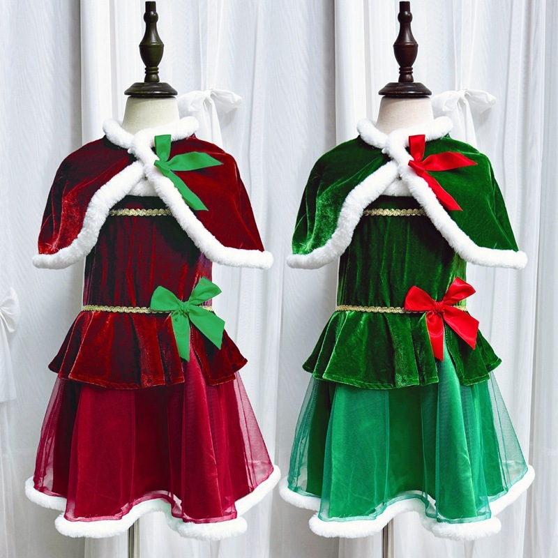 クリスマス子供服ケープショールクリスマスツリー女の子ドレスサンタクロースパフォーマンス衣装