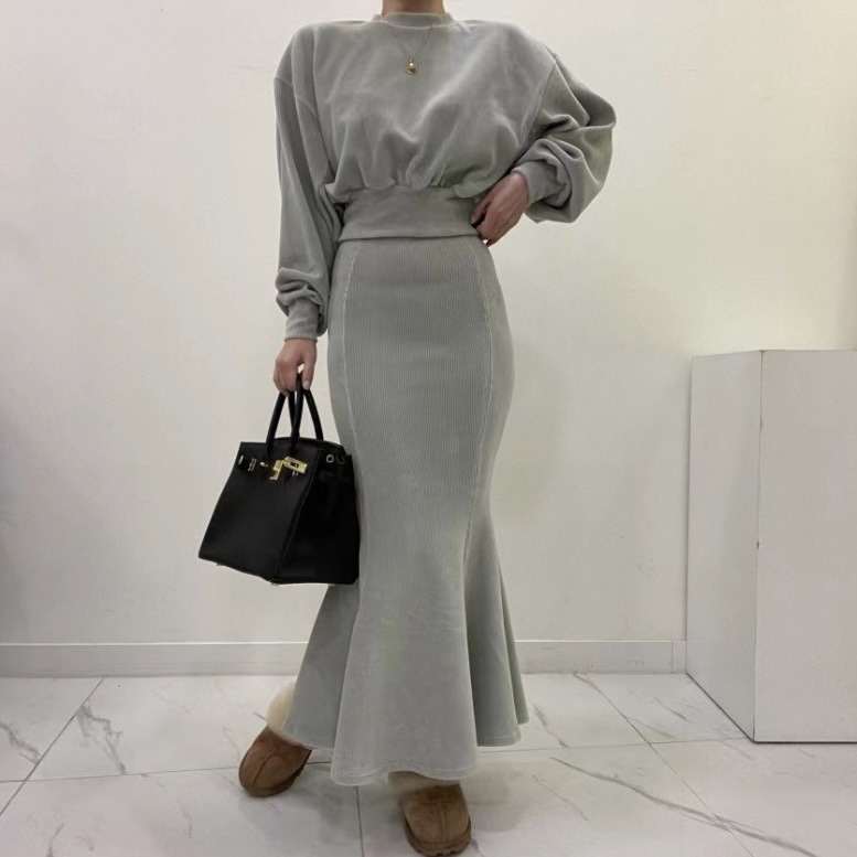 セットアップ トレーナー ロングスカート マーメイド ツーピース 2点セット 上下セット 韓国 レディース 長袖 ハイウエスト ロング丈 可愛い 大人可愛い きれいめ シンプル カジュアル