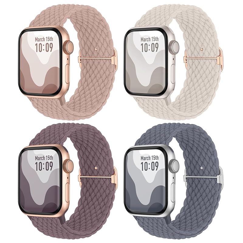 【4枚入り】Suitisbest コンパチブル アップルウォッチ バンド 49mm 45mm 44mm 42mm 編み込み Apple Watch バンド ナイロン 伸縮性 滑り止めバックル付き Se