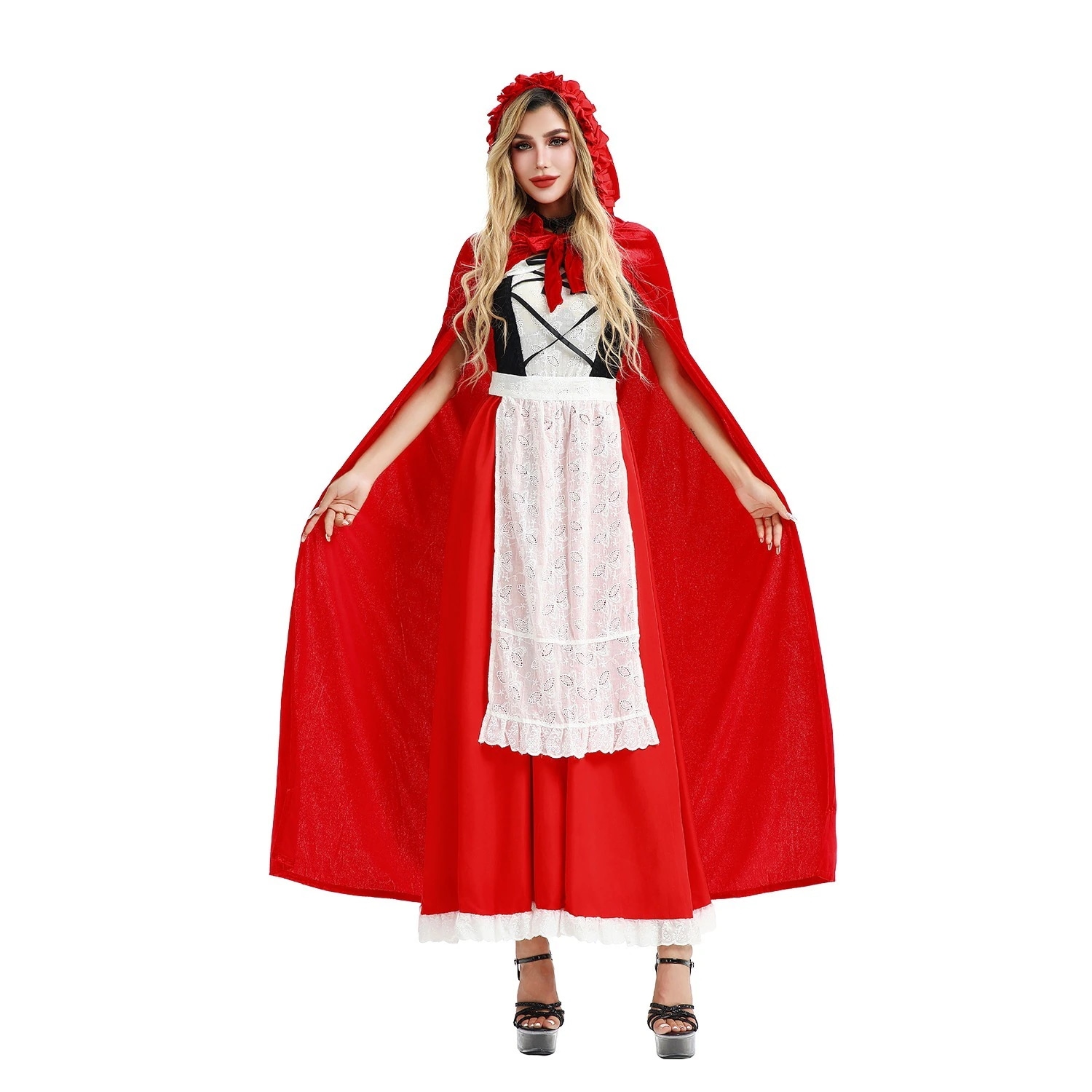 ハロウィンコスプレ衣装 赤ずきん 女王マント 赤いマント 魔女服 クリスマス ステージパフォーマンス衣装