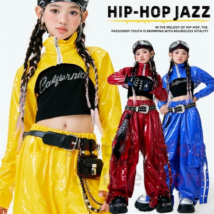 プレミアムエナメル 青 黄 赤 チア チアガール jazz 韓国 キッズ ダンス衣装 セットアップ 女の子 キャミソール へそ出し Tシャツ レザー 子供服 演出服 団体服 発表会 学園祭 練習着 応