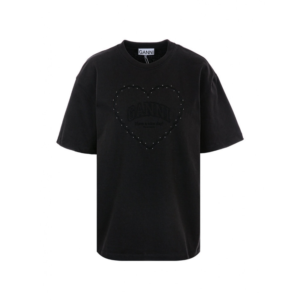 25SS T4057 252 ガニドロップショルダーハート刺繍ファントムブラックショートスリーブ T シャツ