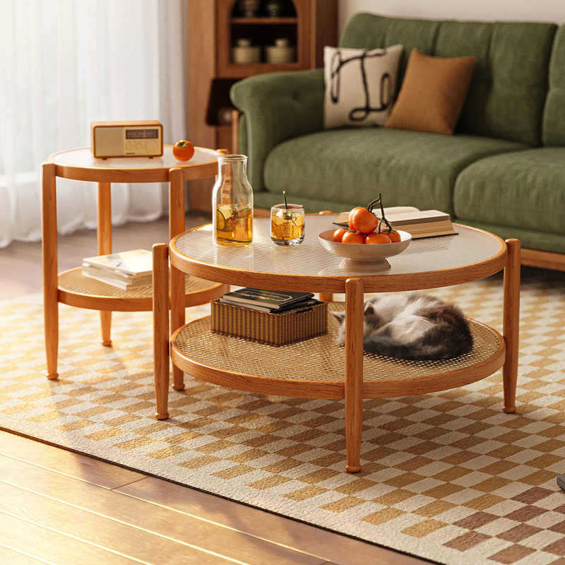 实木藤编玻璃茶几客厅家用沙发边几小户型日式圆形2023新款小桌子
