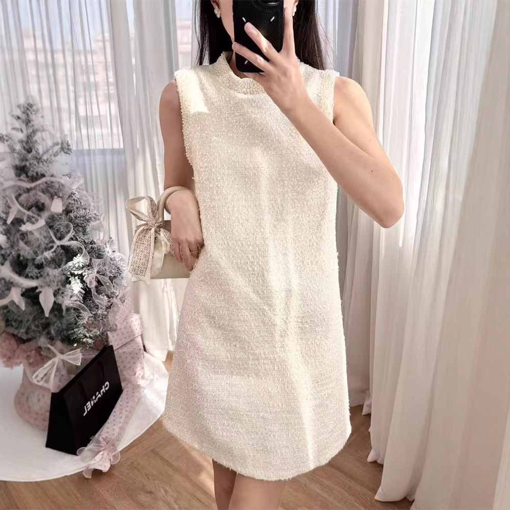 韓国デザイン春夏新款ホワイトツイードベストワンピース