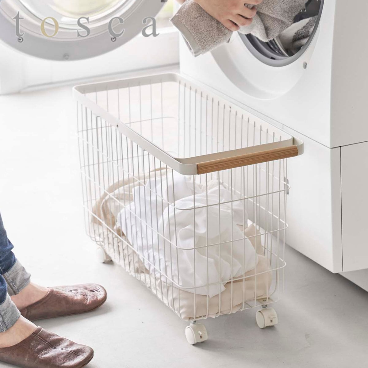 tosca ランドリーバスケット トスカ キャスター付き ワイド＆ロー 山崎実業 トスカシリーズ 洗濯かご ランドリーワゴン 洗濯カゴ 洗濯物入れ 脱衣かご 長方形 角型 スチール