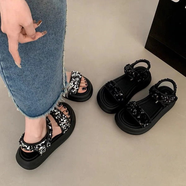 女性用グリーンコンパニオンスパンコールサンダル新スタイルファッショナブルスカート付き高級厚底ベルクロビーチローファー