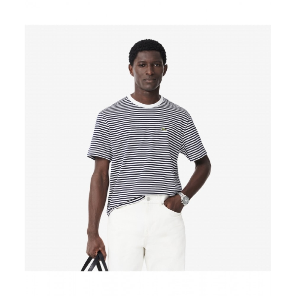 LACOSTE メンズ クラシックフィット クルーネック ストライプ Tシャツ [ホワイト]