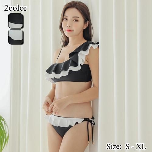 【グラシア】 水着 ワンショルダー レディース ビーチウェア スイムウェア 流行 海 プール ビキニ アシメデザイン ティアード バイカラー フリル 華やか ブラック ホワイト S M L ×L