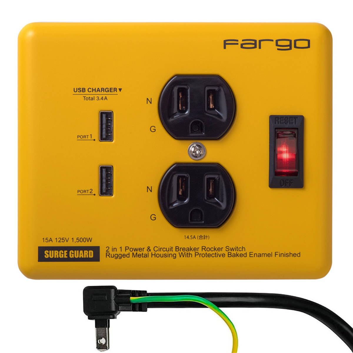 ファーゴ 電源タップ USB 3.4A 3ピン コンセント 2個口 雷ガード イエロー 1.8m PT410YE