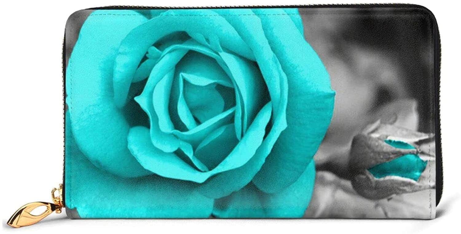 ブルーローズフラワーレディースクラッチウォレットバッグロングレザーウォレットジッパーアラウンドクレジ