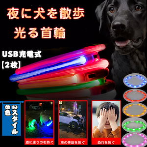2枚LED光る首輪 犬用首輪 長さ調整可 常時点灯 点滅 USB充電 発光首輪 -3モード発光