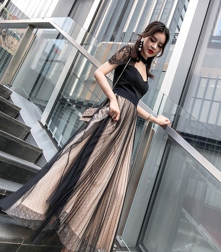 1868.アンティークレースドットワンピース 2019 春夏 sale 春夏 sale ドレス ハイネック 半袖 お呼ばれ パーティー 結婚式 披露宴 二次会 女子会 レストラン デート