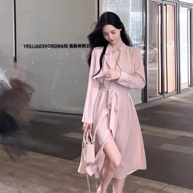 ワンピース シャツワンピース ワンピドレス ロング ロング丈 袖あり 長袖 襟付き セミフレア Aライン リボン ウエストリボン スリット ハイウエスト 前開き ポリエステル かわいい 大人可愛い