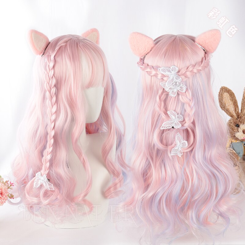 ソフトガールロリータロングカーリーヘアレインボーカラーキュートガールコスウィッグ