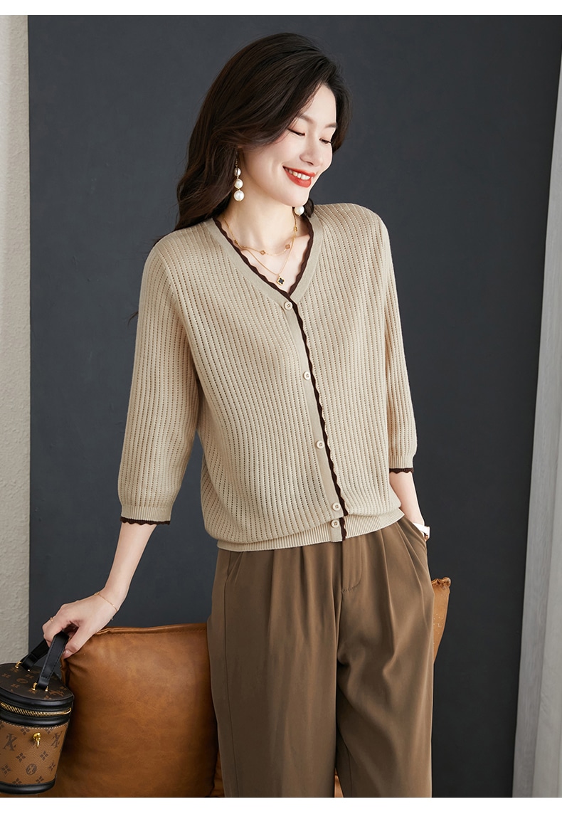 秋 V ネック 薄い 女性 七分袖 トップ ファッション シンプル ルーズ ニット セーター ブラック グリーン ベージュ M L XL XXL トップス 袖あり かわいい 大人可愛い きれいめ