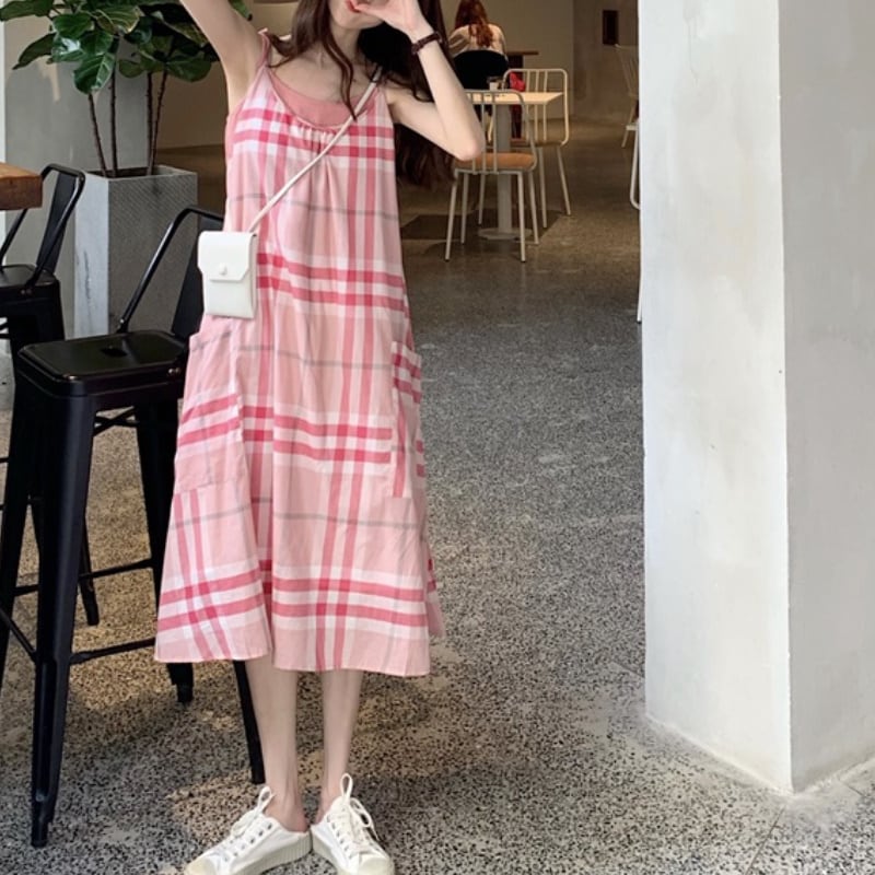 レディース ワンピース チェック柄 ロング丈 ピンク 春 夏 秋 大人女子 大人フェミニン