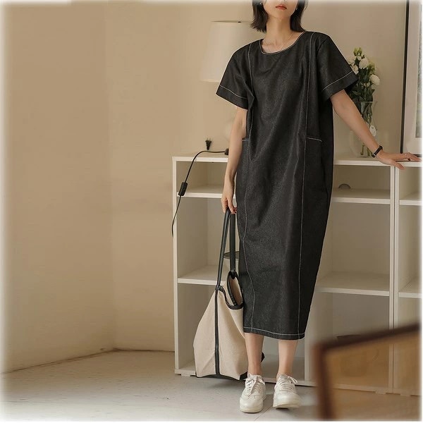 高品質新入 コットンワンピース　ブラック　ステッチ　半袖　ミモレ丈ワンピース　大人カジュアル　ほっそり効果大 20代30代40代50代60代　ミセス