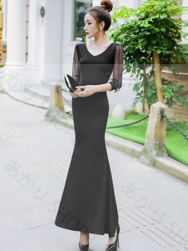 即納可能パーティードレス ロング マーメイドドレス 結婚式 お呼ばれ ドレス ロングドレス 袖あり 七分袖 シースルー袖 大きいサイズ 3L 黒 透け感 韓国 マキシ ワンピース タイト フォーマル