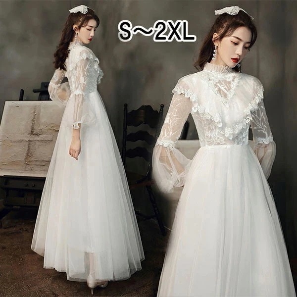 パーティードレス ウェディングドレス シースルードレス 総レース Vネック Aライン 白 ホワイト 長袖付き 上品ワンピース ロングドレス 母親 結婚式 ドレス 大人 ピアノ 発表会 編み上げ 記念日
