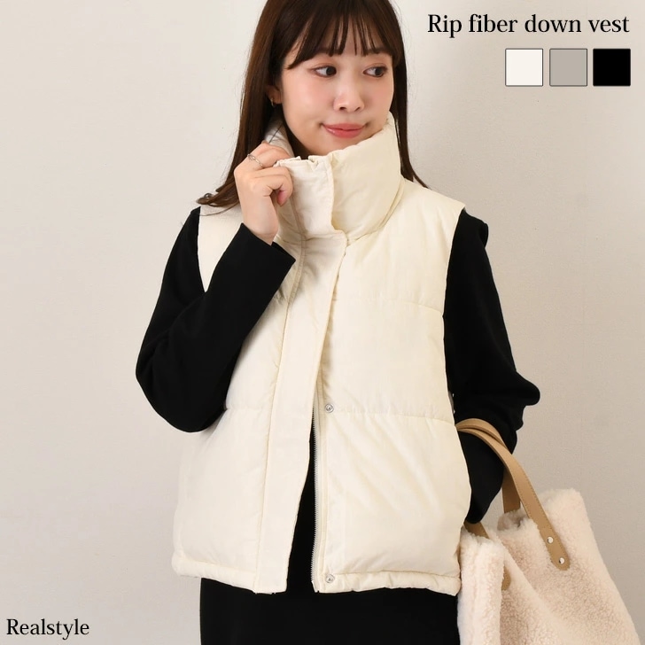 ショート丈サイドポケットリップファイバーダウンベスト レディース 秋冬 前開き おしゃれ アウター カジュアル ジャケット エコダウン 中綿 あったか 防寒 暖かい 上着 羽織 重ね着 レイヤード